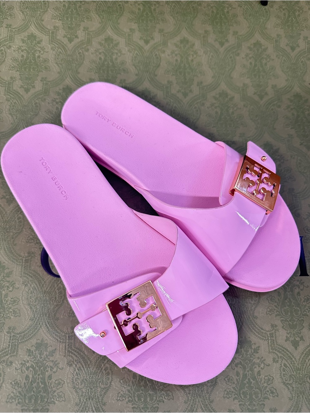 Tory Burch Pink Patent Logo Slide Sandals